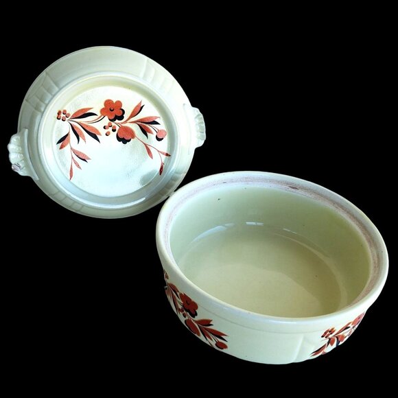Vintage Halls China Ceramic Covered Casserole Dish 1940s Autumn Floral Design - Picture 2 of 11